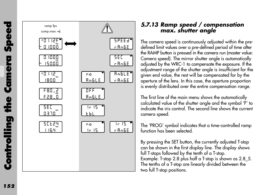 13 ramp speed / compensation max. shutter angle, Controlling the camera speed | ARRI WRC-1 User Manual | Page 152 / 196