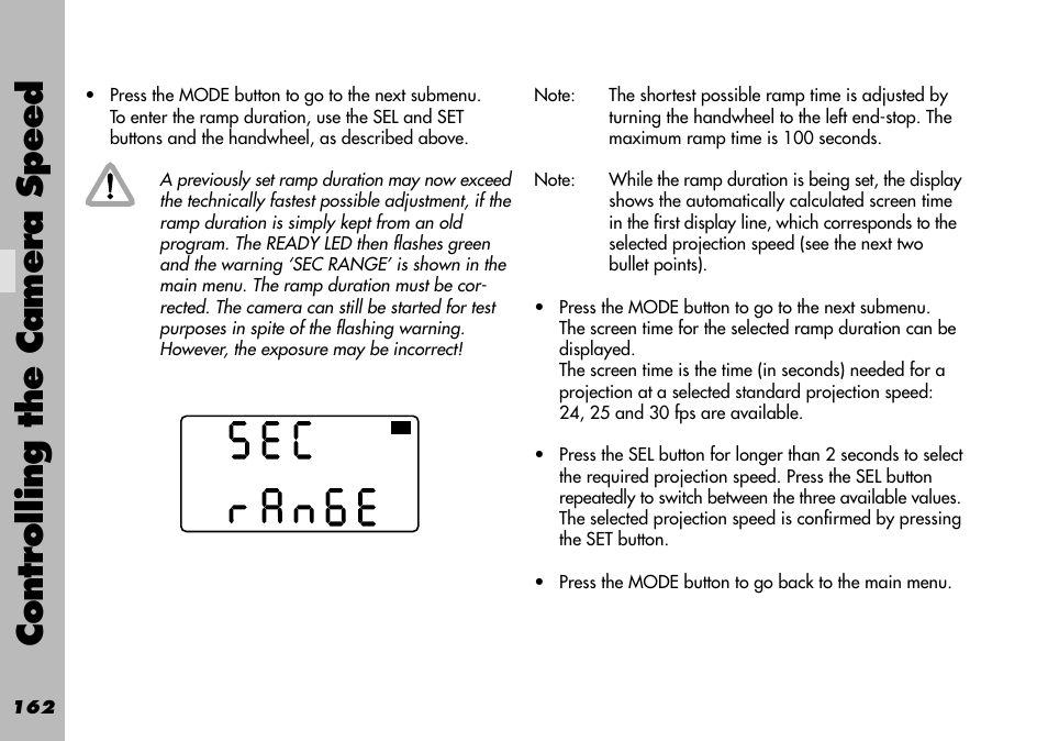 Warnings, Controlling the camera speed | ARRI WRC-1 User Manual | Page 162 / 196