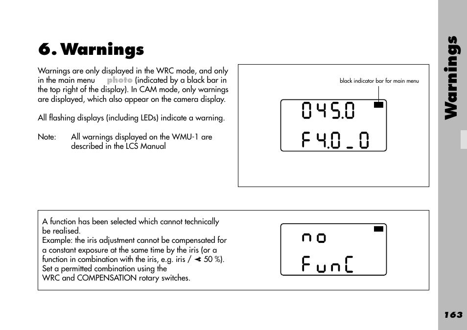 Warnings, Main menu, Trouble shooting | Wa rnings | ARRI WRC-1 User Manual | Page 163 / 196