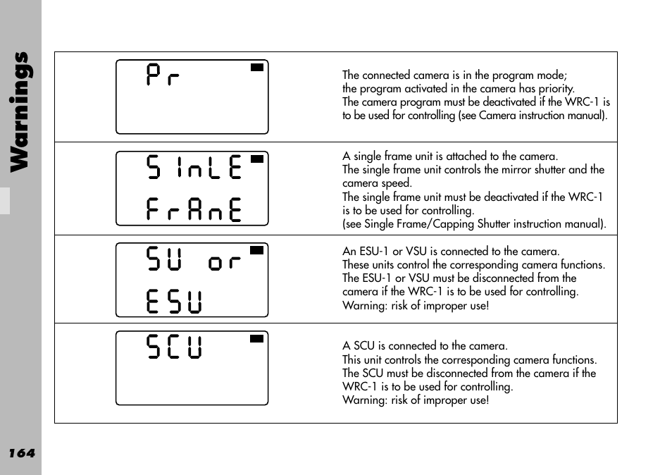 Capping shutter, Single frane, Su or esu | Esu-1, Program, Program mode, Single frame unit, Wa rnings | ARRI WRC-1 User Manual | Page 164 / 196