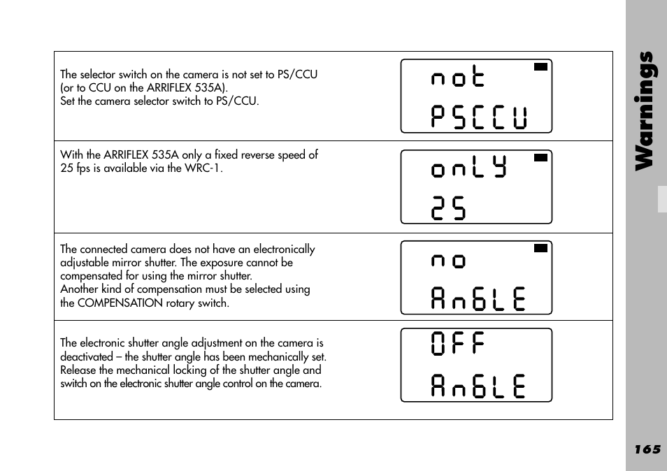 Not ps/ccu, Only 25, Mechanically locked | Wa rnings | ARRI WRC-1 User Manual | Page 165 / 196