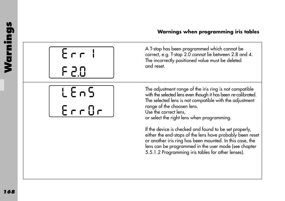 Warnings when programming iris tables, Quick guide, Wa rnings | ARRI WRC-1 User Manual | Page 168 / 196