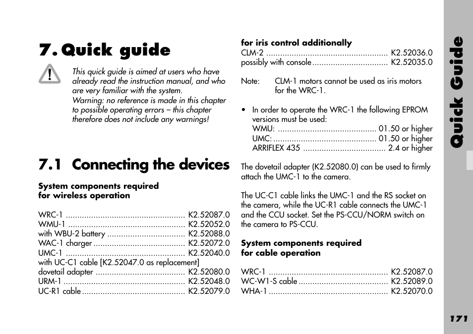 Quick guide, 1 connecting the devices, System components required for wireless operation | System components required for cable operation, Basic operating modes, Cam mode, Wrc mode iris on/off | ARRI WRC-1 User Manual | Page 171 / 196