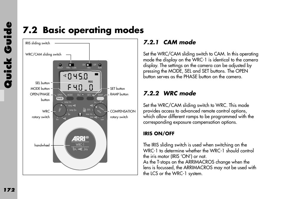 2 basic operating modes, 1 cam mode, 2 wrc mode | Iris on/off, End-stops programming, Operation, Quick guide | ARRI WRC-1 User Manual | Page 172 / 196