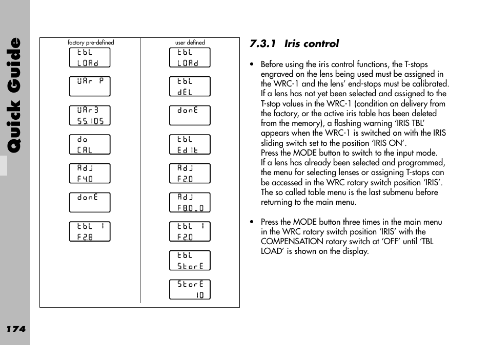 1 iris control, Quick guide | ARRI WRC-1 User Manual | Page 174 / 196