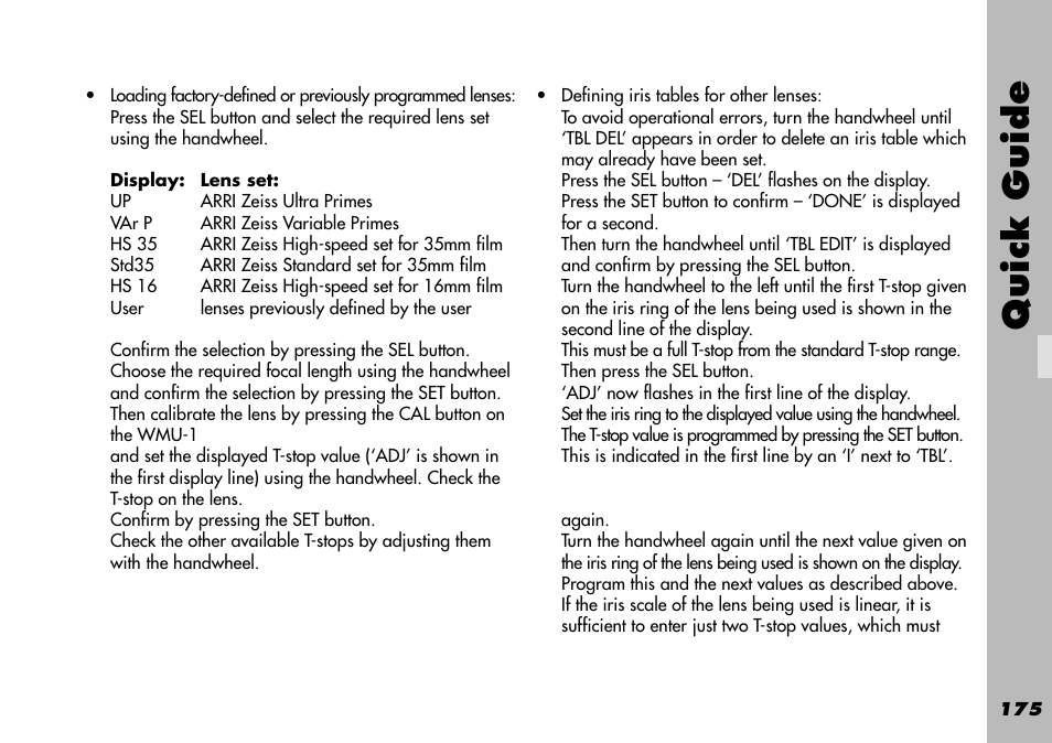 Zeiss high-speed lenses, Zeiss standard lenses, Quick guide | ARRI WRC-1 User Manual | Page 175 / 196