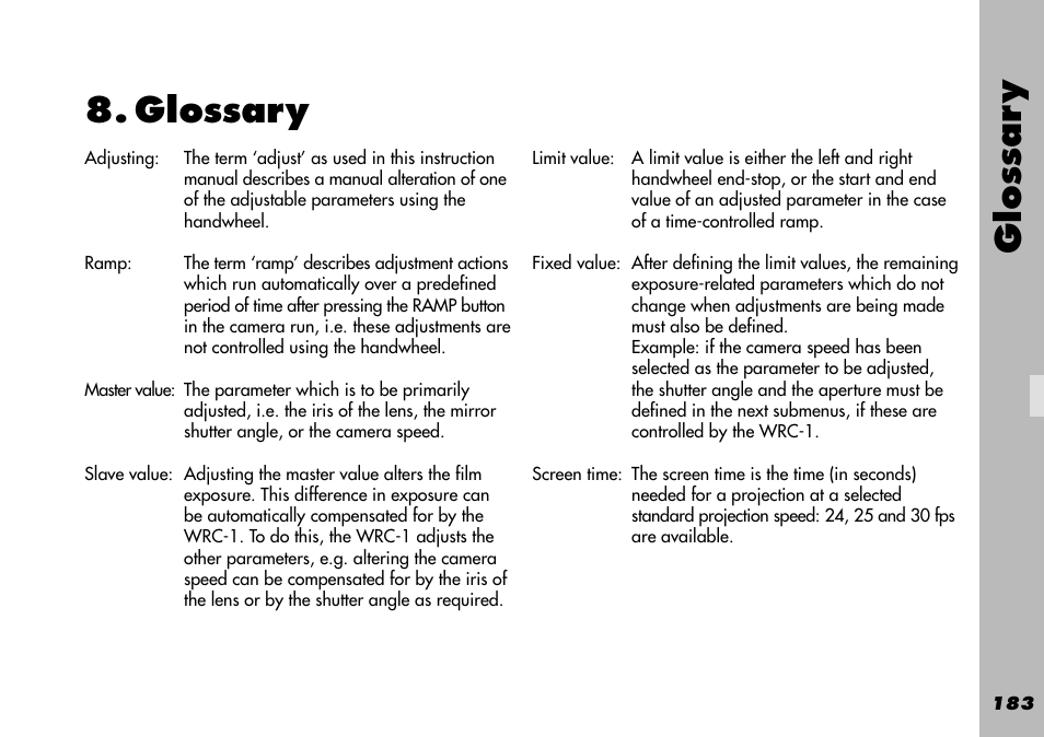 Glossary, Projection speed, Arri service | Glossar y | ARRI WRC-1 User Manual | Page 183 / 196