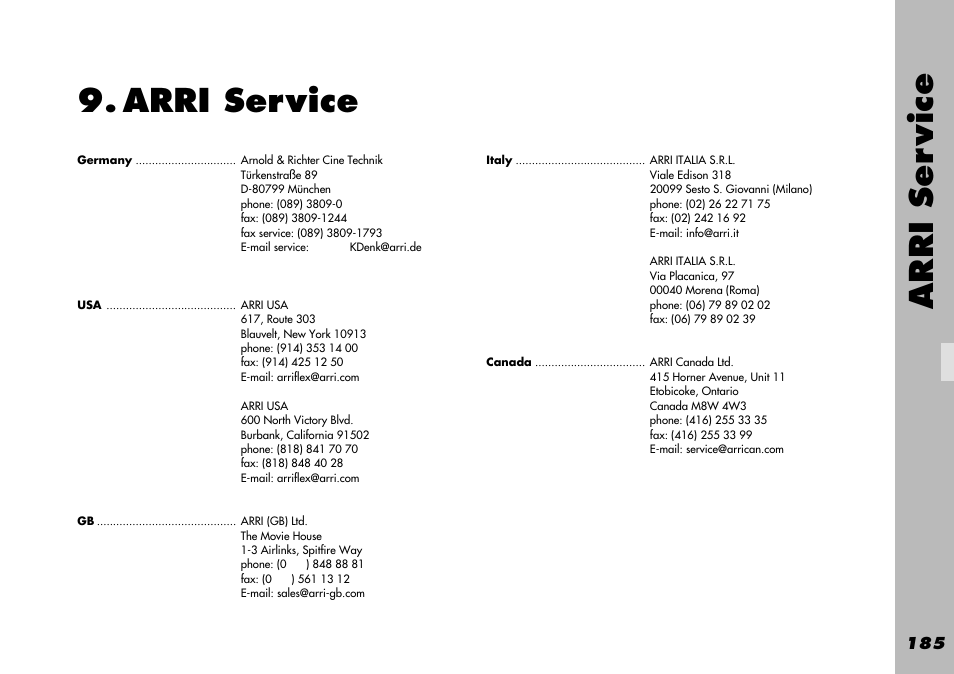 Arri service, Index, Arri ser vice | ARRI WRC-1 User Manual | Page 185 / 196