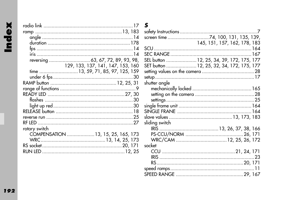 Rotary switch, Shutter angle, Sliding switch | Socket, Index | ARRI WRC-1 User Manual | Page 192 / 196