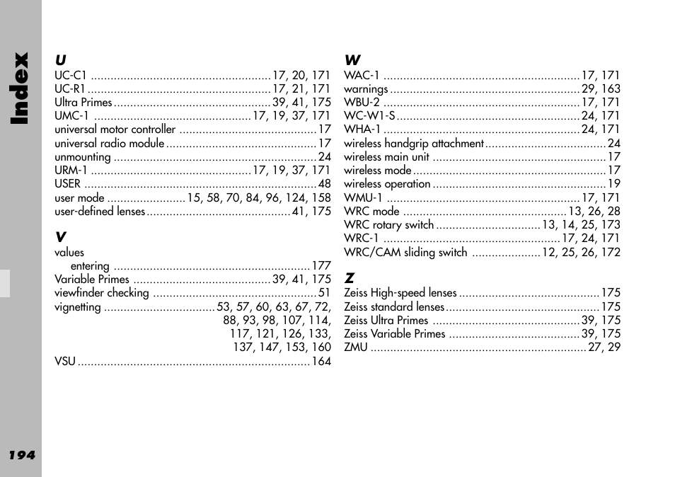 Values, Index | ARRI WRC-1 User Manual | Page 194 / 196