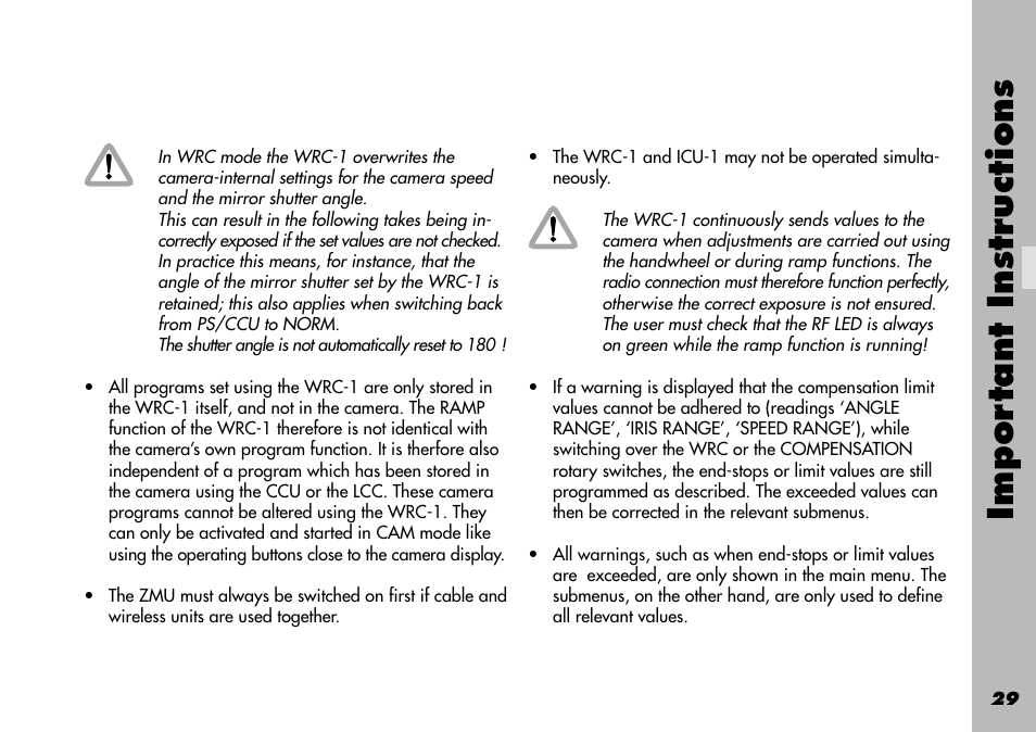 Angle range, Iris range, Speed range | Warnings, Impor tant instr uctions | ARRI WRC-1 User Manual | Page 29 / 196