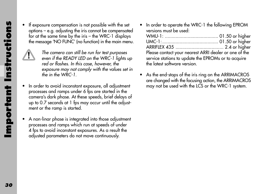 Under 6 fps, Arrimacro, Dark phase | Delay in adjusting/ramps, No func, Non-linar phase, Flashes, Light up red, Using the menus, Main menu | ARRI WRC-1 User Manual | Page 30 / 196