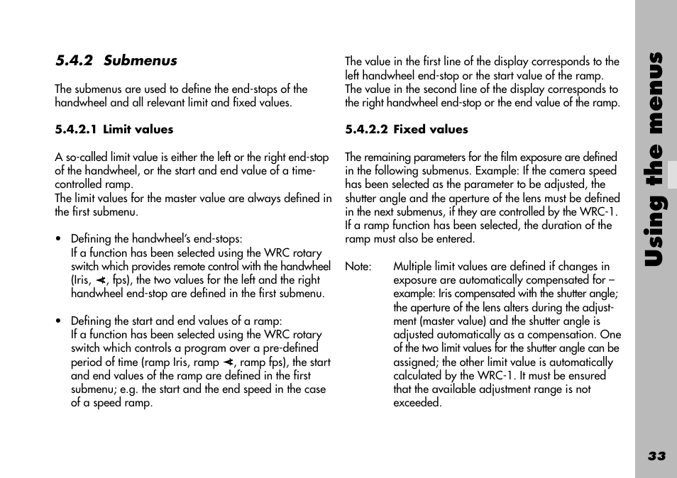 2 submenus, 1 limit values, 2 fixed values | End value, End-stops, Fixed values, End stops, Limit values, Start value, Using the menus | ARRI WRC-1 User Manual | Page 33 / 196