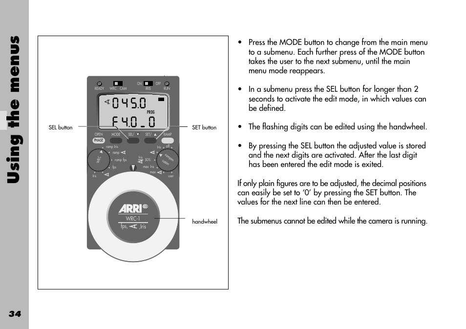 Decimal positions, Controlling the iris (master value: iris), Using the menus | ARRI WRC-1 User Manual | Page 34 / 196