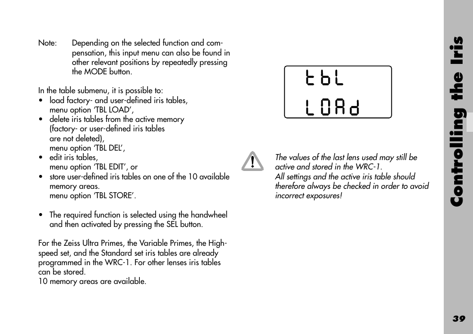 Tbl del, Tbl edit, Tbl load | Tbl store, Memory areas, Memory area, Table, Menu, Ultra primes, Variable primes | ARRI WRC-1 User Manual | Page 39 / 196