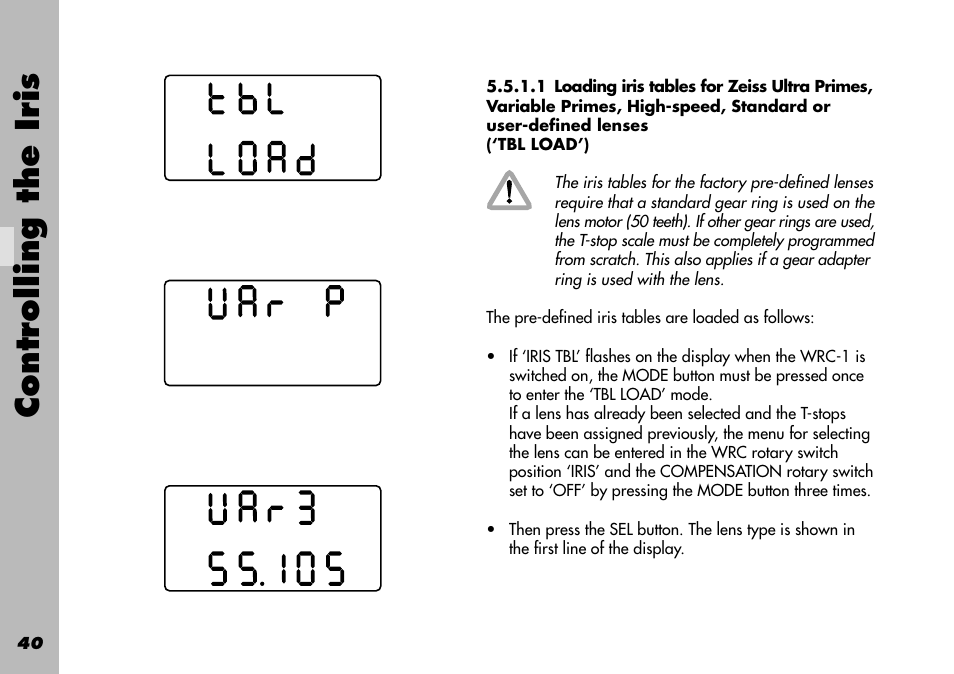 Factory pre-defined lenses, Adapter, Adapter ring | Standard, Loading, Factory-defined, Pre-defined, Selection, Pre-defined lenses, Controlling the iris | ARRI WRC-1 User Manual | Page 40 / 196