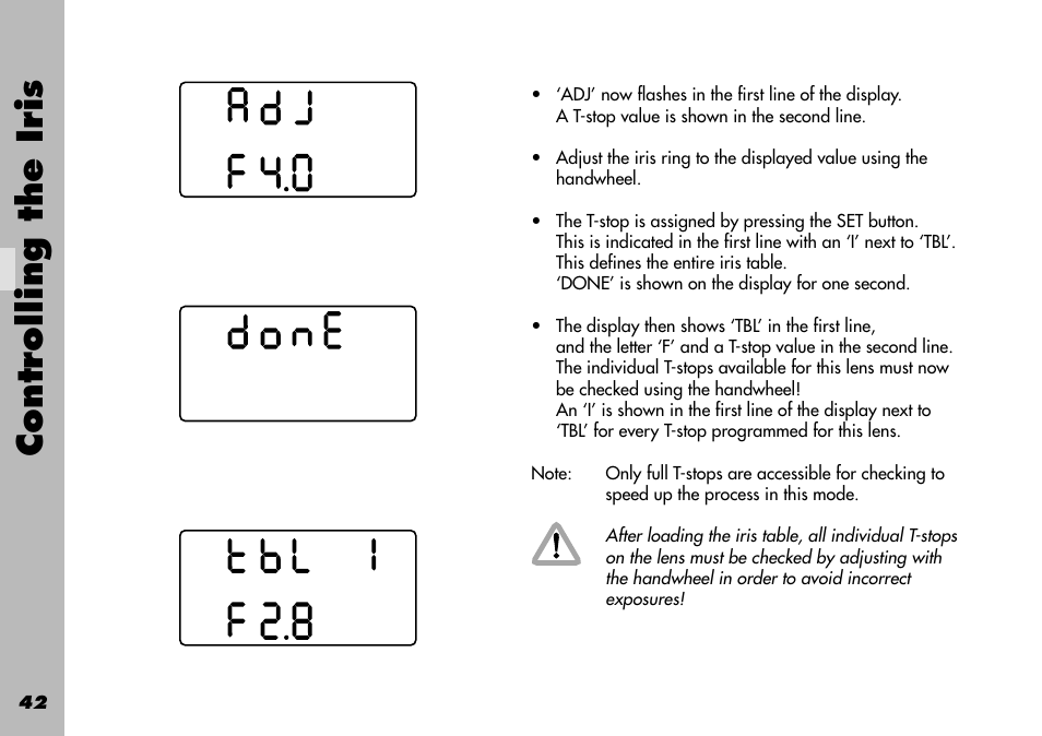 Done, Checking, Full t-stops for checking | 2 programming an iris table for other lenses, Tbl edit’), Controlling the iris | ARRI WRC-1 User Manual | Page 42 / 196