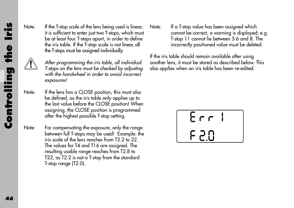 Close position, Standard iris scale, Linear | Non-linear, Not correctly assigned, 3 storing an iris table, Tbl store’), Controlling the iris | ARRI WRC-1 User Manual | Page 46 / 196