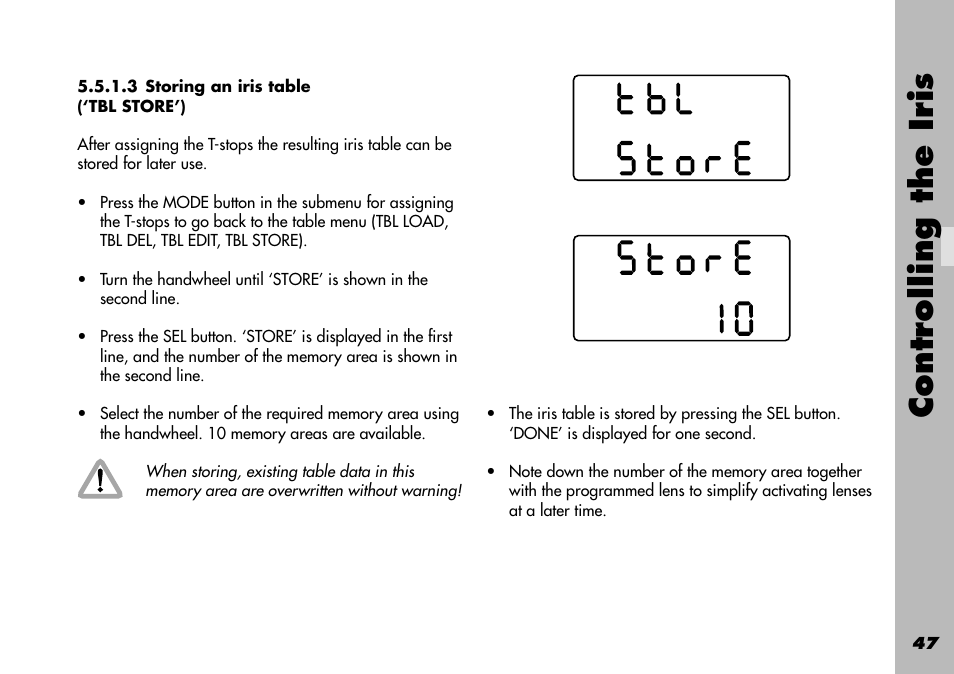 3 storing an iris table (‘tbl store’), Store, Storing | Number, 4 loading a user-defined iris table, Tbl load’), Controlling the iris | ARRI WRC-1 User Manual | Page 47 / 196