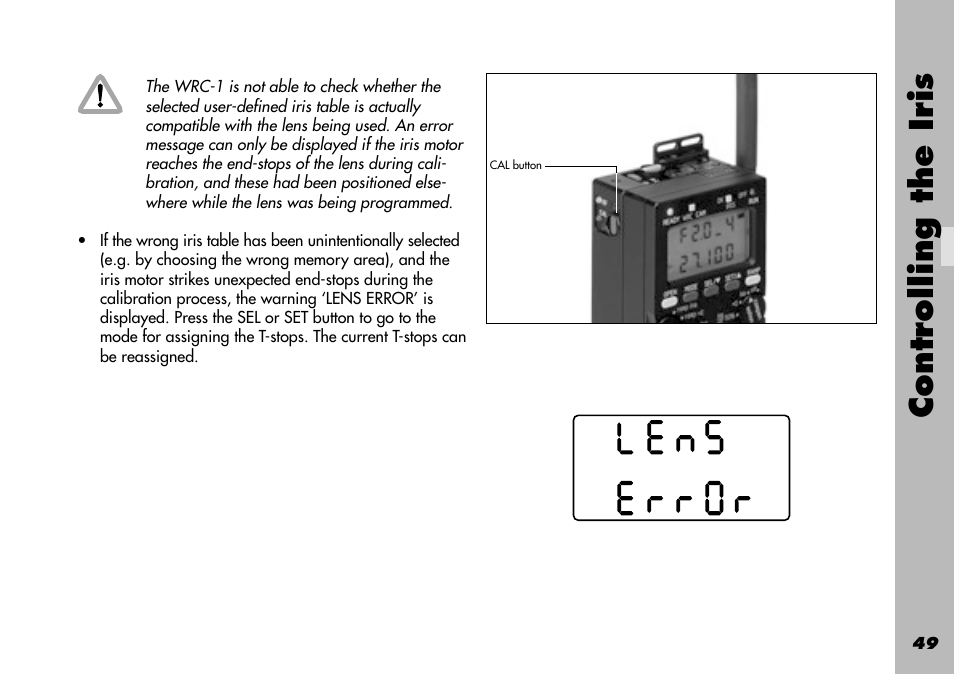 Lens error, Calibrating, Wrong memory area | Wrong selection, Controlling the iris | ARRI WRC-1 User Manual | Page 49 / 196