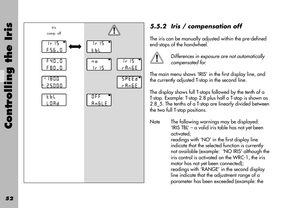 2 iris / compensation off, Controlling the iris | ARRI WRC-1 User Manual | Page 52 / 196