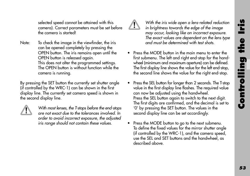 Defining end-stops / limit values, Programming, Tolerances | Vignetting, Iris / compensation shutter angle, Controlling the iris | ARRI WRC-1 User Manual | Page 53 / 196