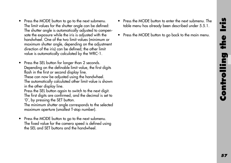 Iris / compensation user, Controlling the iris | ARRI WRC-1 User Manual | Page 57 / 196