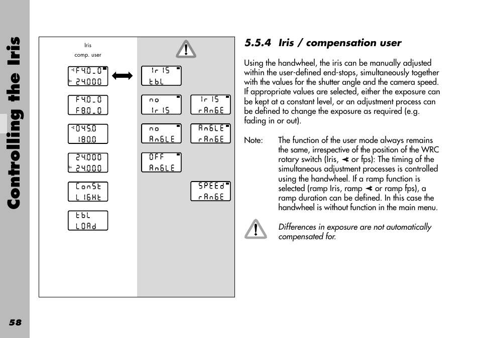 4 iris / compensation user, Fade in, Fade out | Controlling the iris | ARRI WRC-1 User Manual | Page 58 / 196
