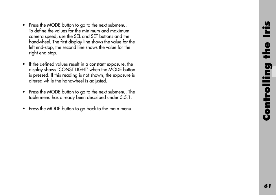 Const light, Ramp iris / compensation off, Controlling the iris | ARRI WRC-1 User Manual | Page 61 / 196