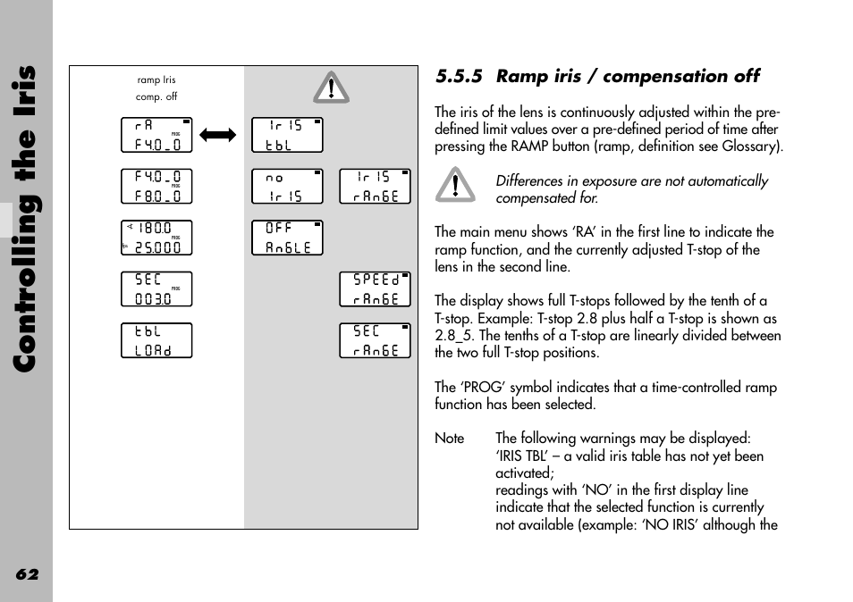 5 ramp iris / compensation off, Controlling the iris | ARRI WRC-1 User Manual | Page 62 / 196
