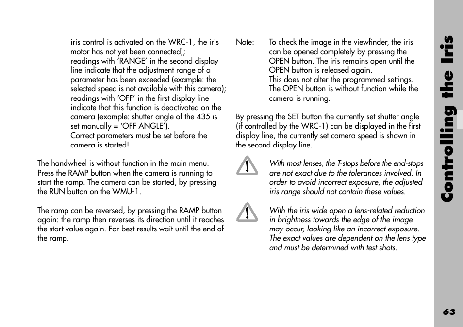 Reversing, Controlling the iris | ARRI WRC-1 User Manual | Page 63 / 196