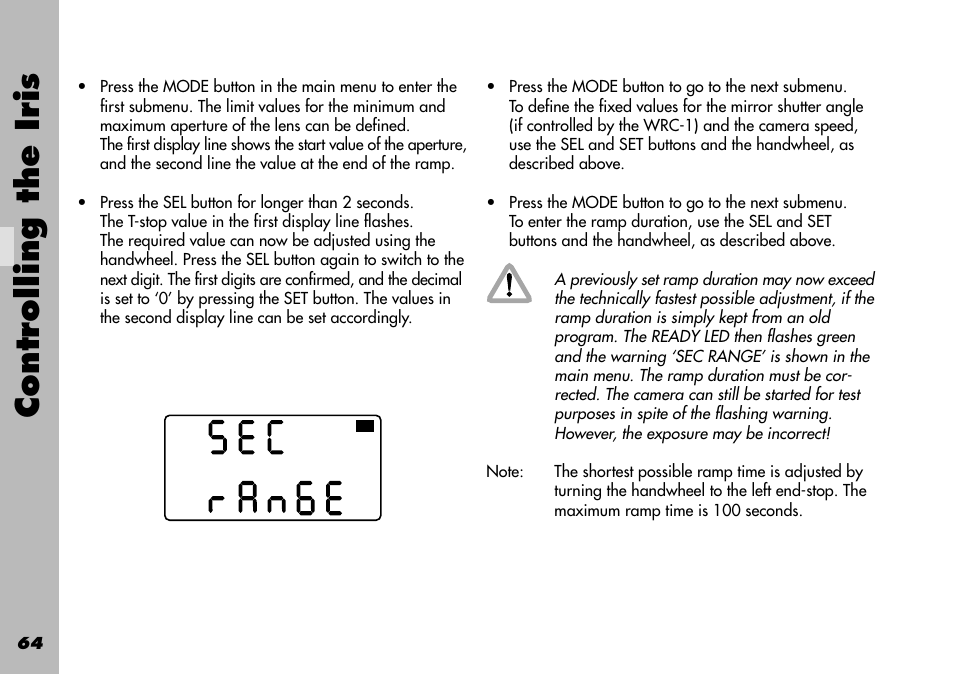 Ramp iris / compensation shutter angle, Controlling the iris | ARRI WRC-1 User Manual | Page 64 / 196