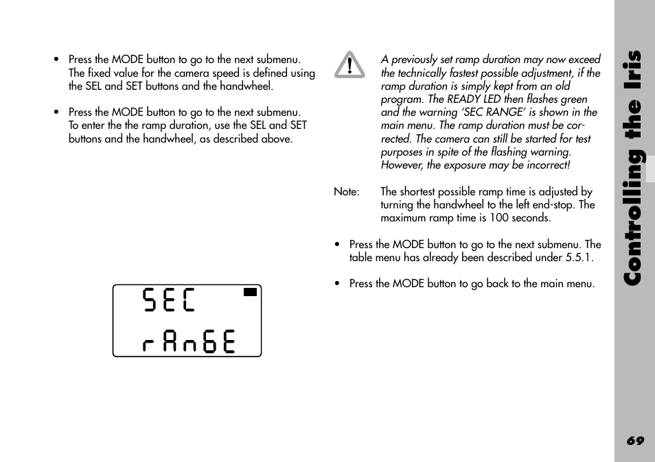 Ramp iris / compensation user, Controlling the iris | ARRI WRC-1 User Manual | Page 69 / 196