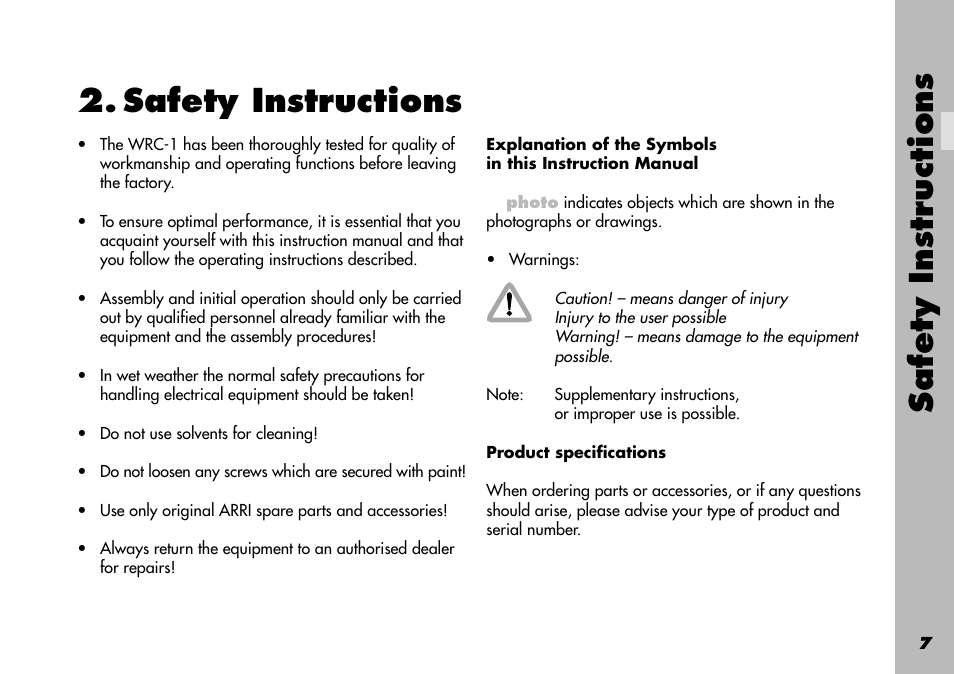 Safety instructions, Product specifications, Explanation of the symbols | Photo, Introduction, Safety instr uctions | ARRI WRC-1 User Manual | Page 7 / 196