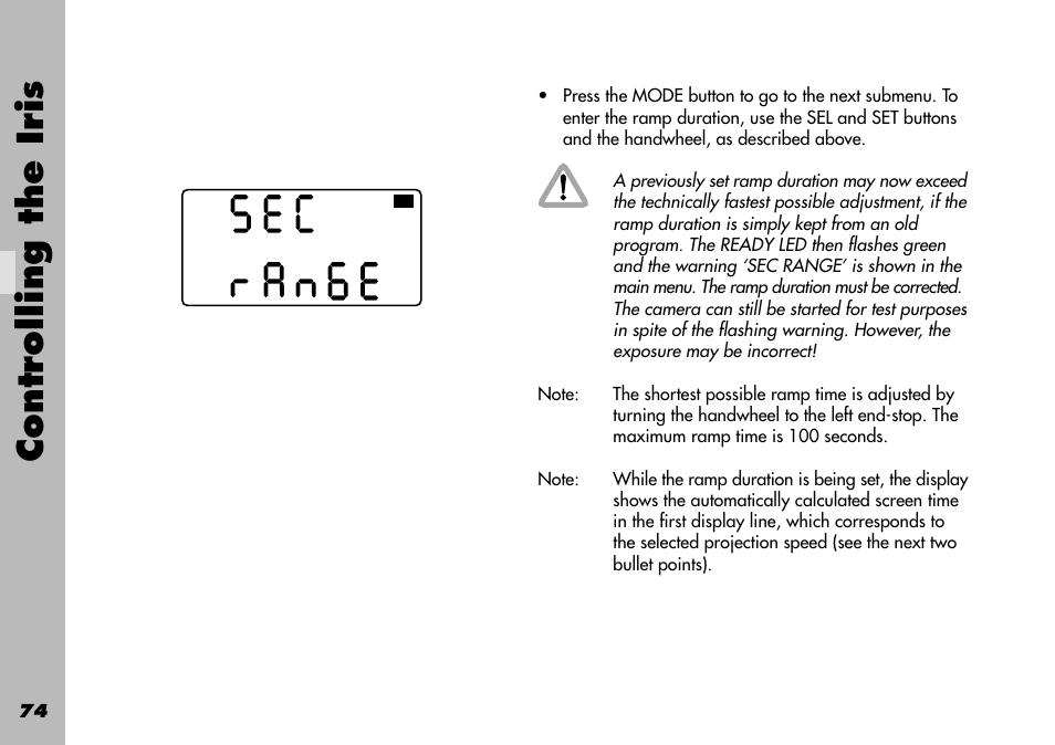 Screen time, Controlling the iris | ARRI WRC-1 User Manual | Page 74 / 196