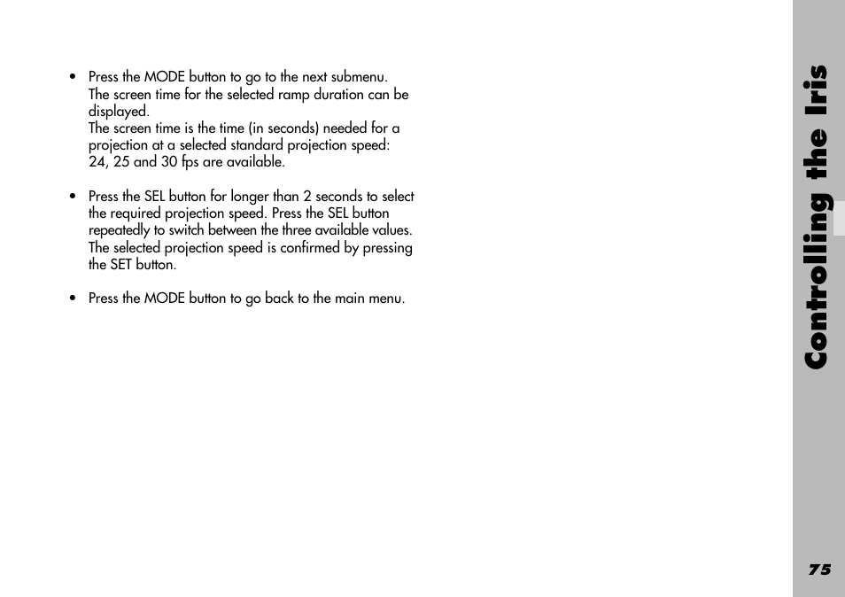 Shutter angle / compensation off, Controlling the iris | ARRI WRC-1 User Manual | Page 75 / 196