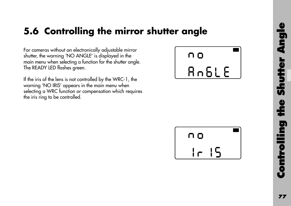 No angle, Electronically adjustable mirror shutter, Electronically adjustable | Controlling the shutter angle, 6 controlling the mirror shutter angle | ARRI WRC-1 User Manual | Page 77 / 196