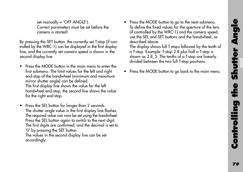 Shutter angle / compensation iris, Controlling the shutter angle | ARRI WRC-1 User Manual | Page 79 / 196