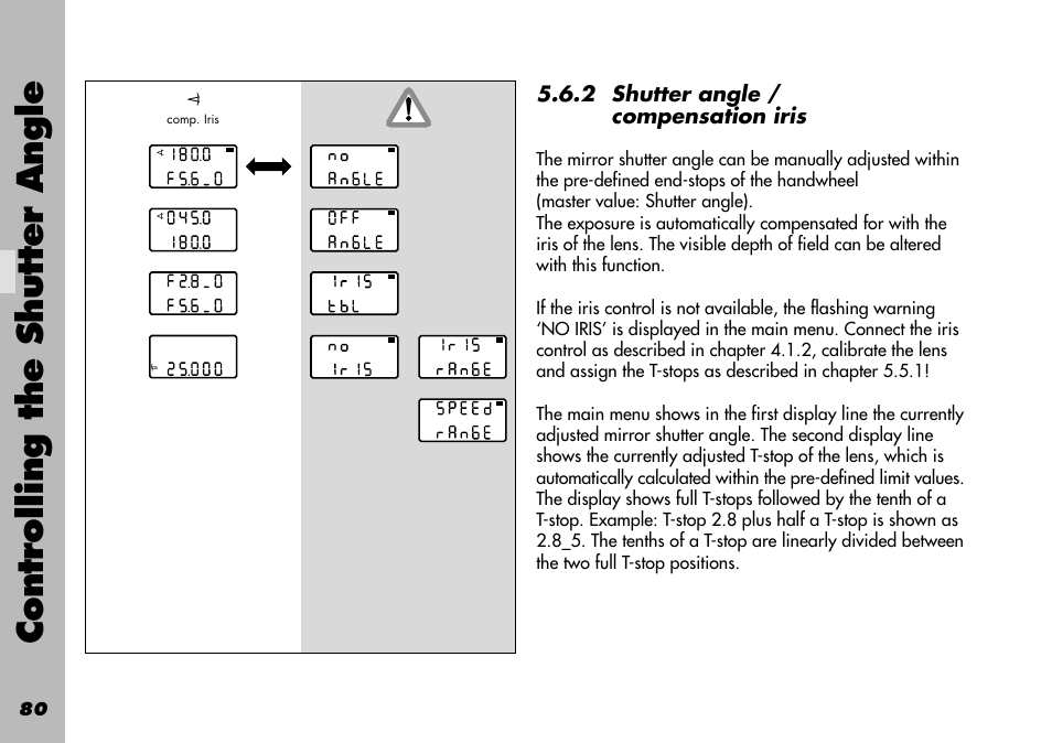 2 shutter angle / compensation iris, Controlling the shutter angle | ARRI WRC-1 User Manual | Page 80 / 196