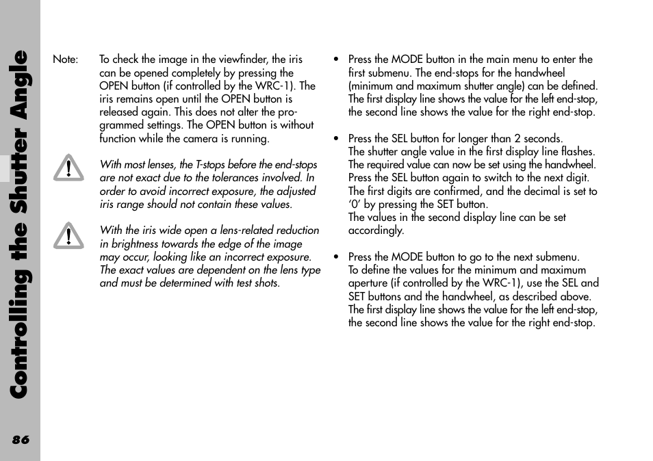 Controlling the shutter angle | ARRI WRC-1 User Manual | Page 86 / 196
