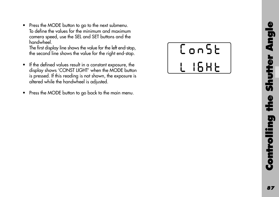 Ramp shutter angle / compensation off, Controlling the shutter angle | ARRI WRC-1 User Manual | Page 87 / 196
