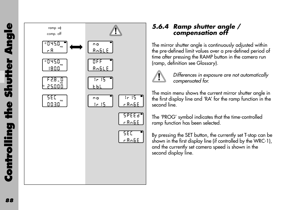 4 ramp shutter angle / compensation off, Controlling the shutter angle | ARRI WRC-1 User Manual | Page 88 / 196
