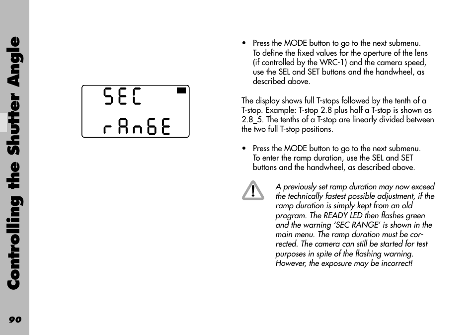 Ramp shutter angle / compensation iris, Controlling the shutter angle | ARRI WRC-1 User Manual | Page 90 / 196