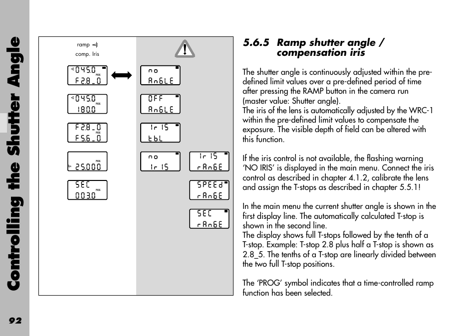 5 ramp shutter angle / compensation iris, Controlling the shutter angle | ARRI WRC-1 User Manual | Page 92 / 196