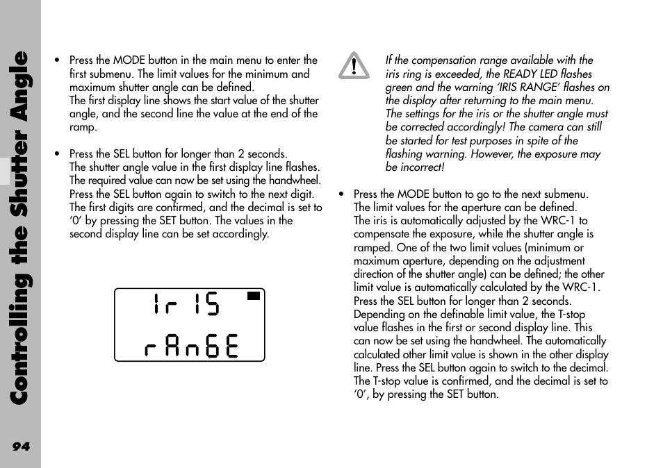 Controlling the shutter angle | ARRI WRC-1 User Manual | Page 94 / 196