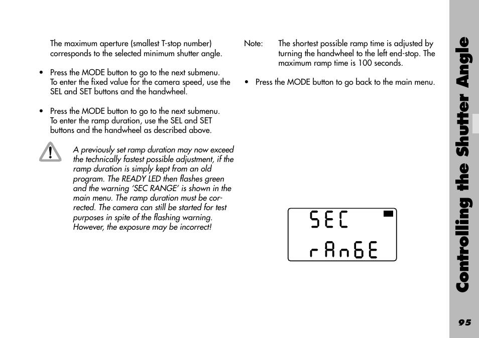 Ramp shutter angle / compensation user, Controlling the shutter angle | ARRI WRC-1 User Manual | Page 95 / 196