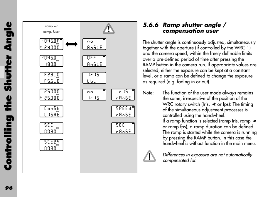 6 ramp shutter angle / compensation user, Controlling the shutter angle | ARRI WRC-1 User Manual | Page 96 / 196