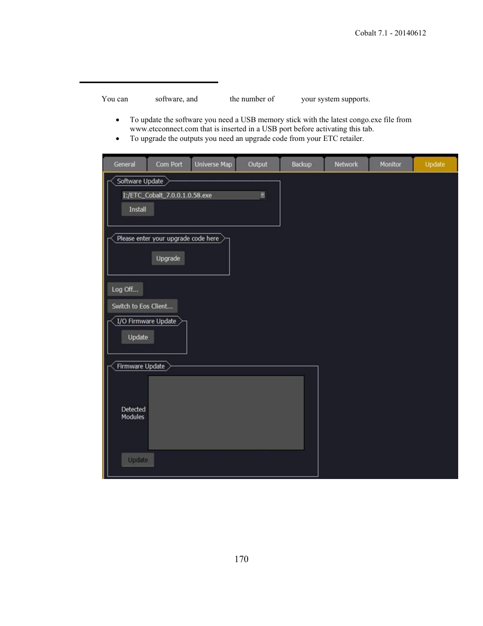 System settings - update | ETC Cobalt Family v7.1.0 User Manual | Page 171 / 1055