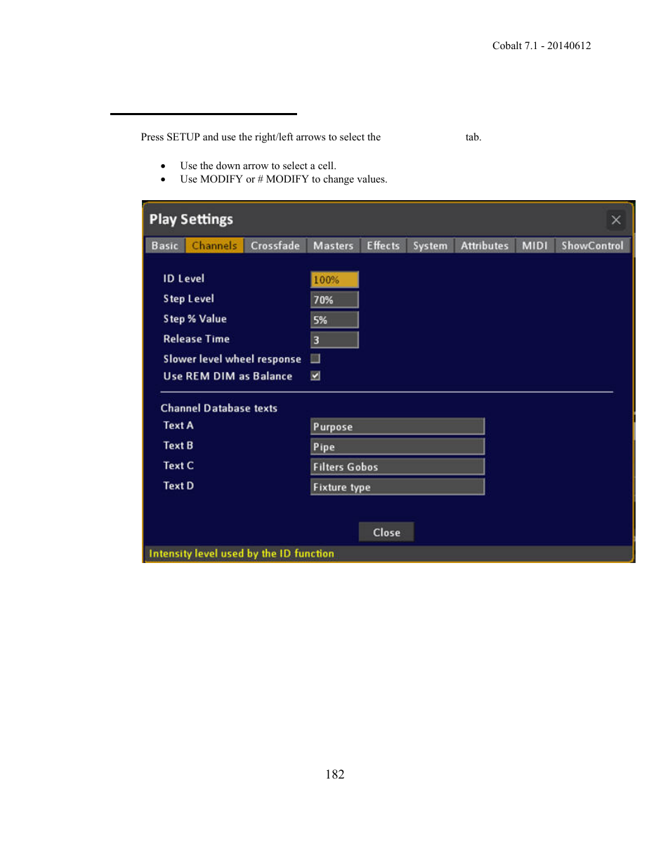 Play settings - channels | ETC Cobalt Family v7.1.0 User Manual | Page 183 / 1055