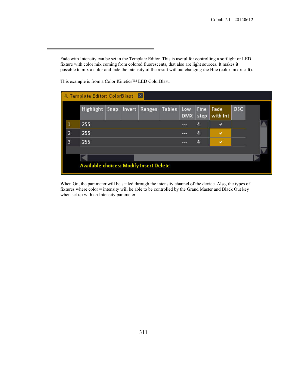 Templates - fade with intensity | ETC Cobalt Family v7.1.0 User Manual | Page 312 / 1055